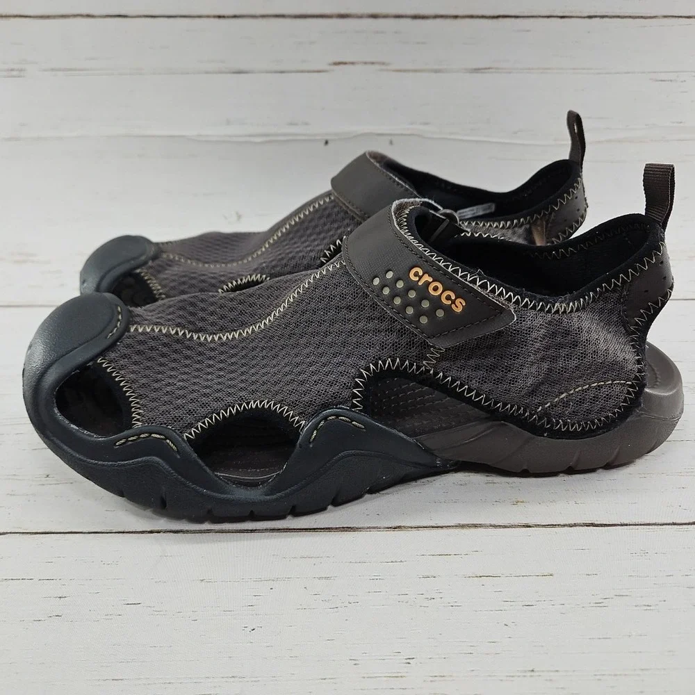 Crocs‎ Swiftwater Mens 12 Brown Fisherman Sports Sandals Water Shoes Mesh 15041